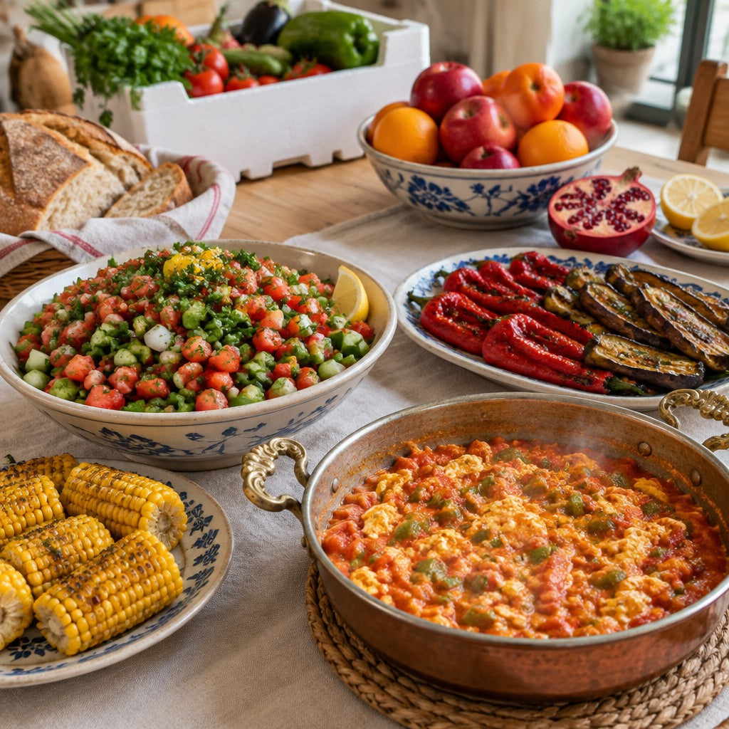 Paketten hazırlanan sofra: çoban salatası, menemen, közlenmiş biber ve mısır