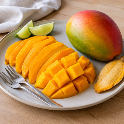 İri mango servis önerisi: dilimlenmiş ve küp kesim mango tabağı