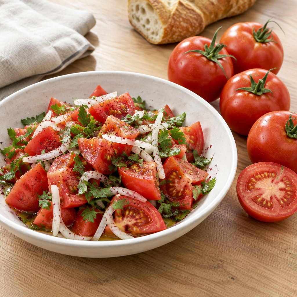 Domates salatası servis önerisi: soğan, maydanoz ve sumak ile