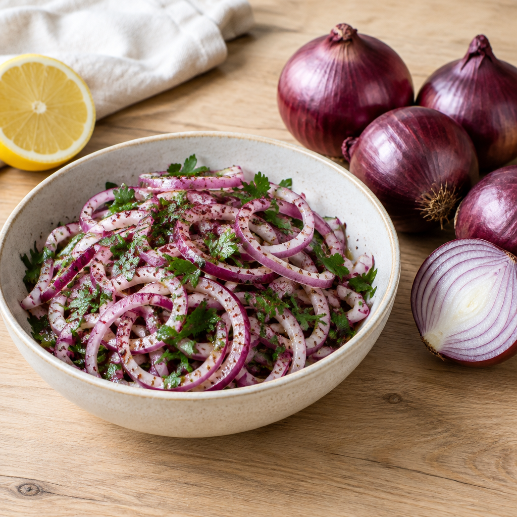 Sumaklı mor soğan salatası servis önerisi ve mor soğanlar