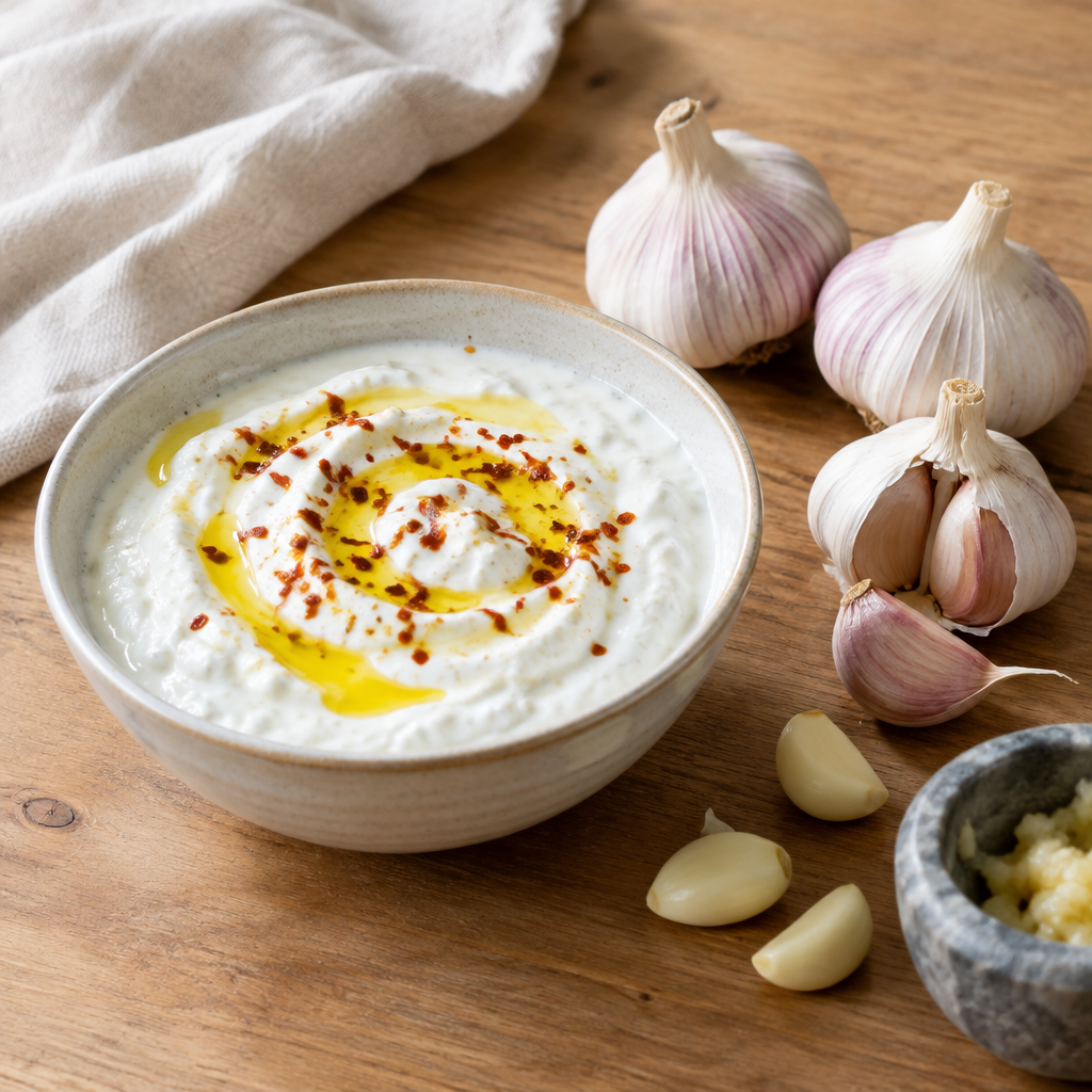 Sarımsaklı yoğurt servis önerisi ve taze sarımsak başları