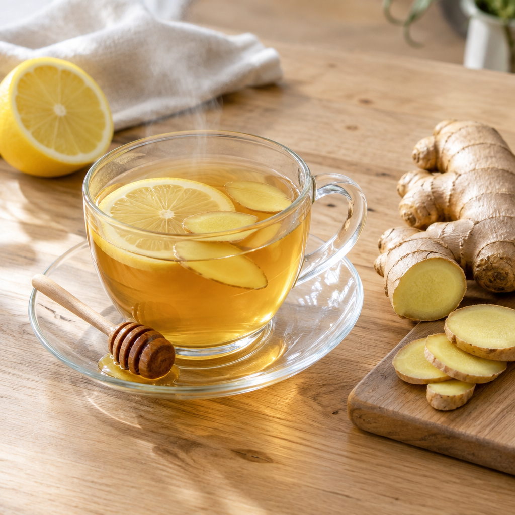 Zencefil çayı servis önerisi: limon ve bal ile, taze zencefil kökü