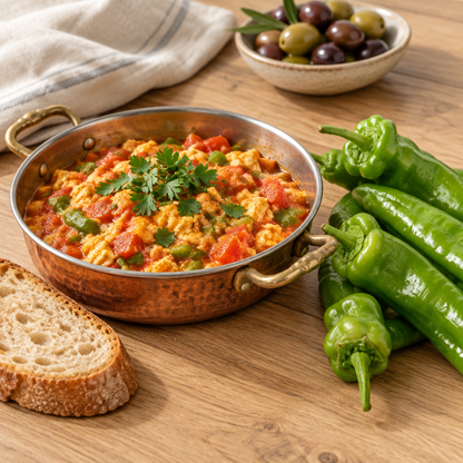 Menemen servis önerisi ve taze yeşil köy biberleri