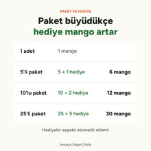 Mango paket ve hediye: 5'li pakette 1, 10'lu pakette 2, 25'li pakette 5 hediye mango