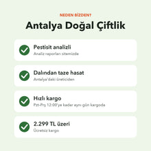 Neden Antalya Doğal Çiftlik: pestisit analizli, dalından taze hasat, pazartesi–perşembe 12:00’ye kadar aynı gün kargo, 2.299 TL üzeri ücretsiz kargo