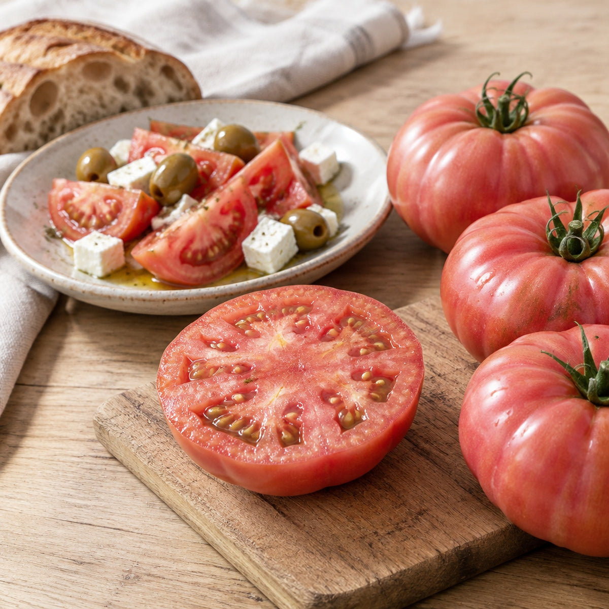 Pembe köy domatesi servis önerisi: beyaz peynir ve zeytinle kahvaltı tabağı