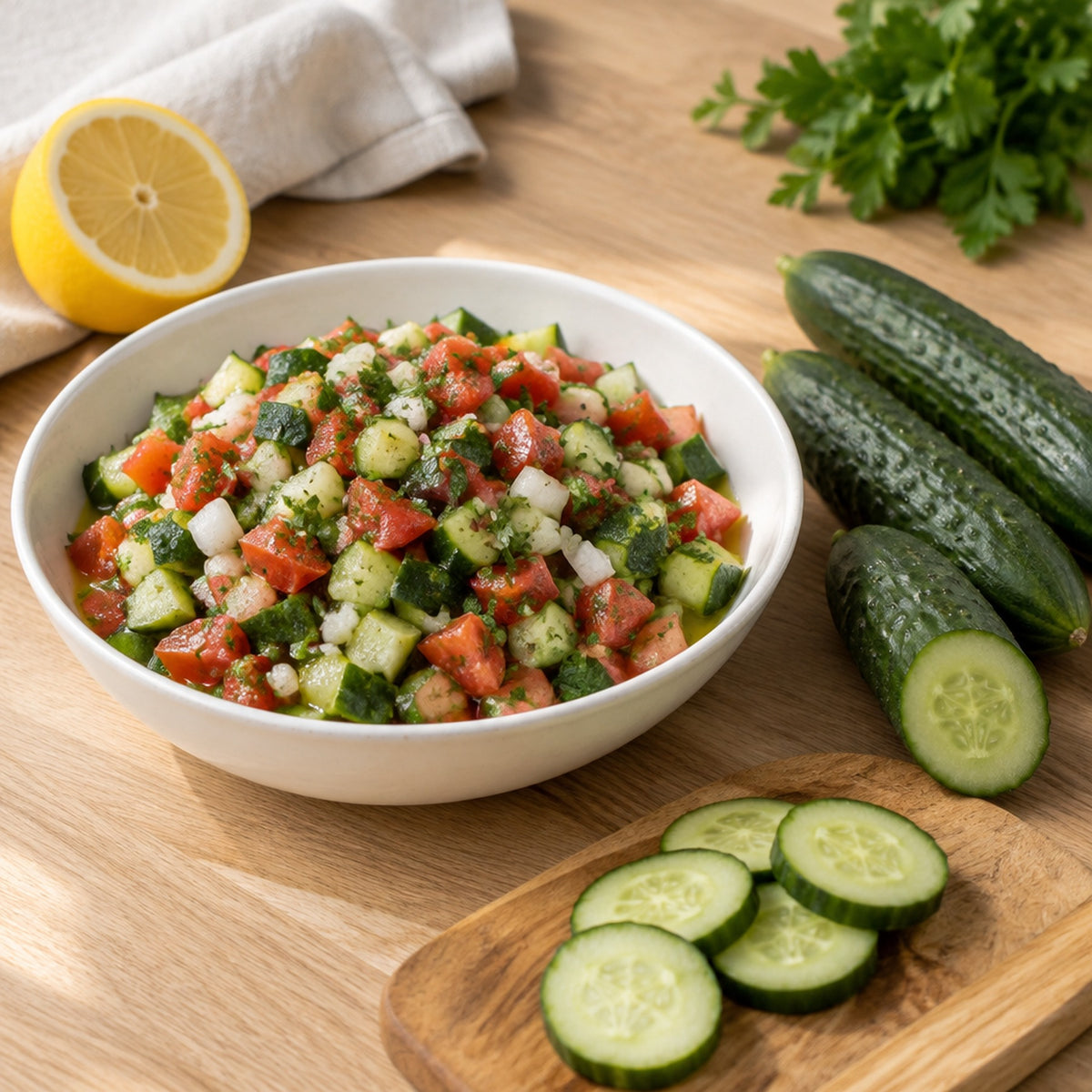 Çoban salatası servis önerisi: taze salatalık, domates ve maydanoz