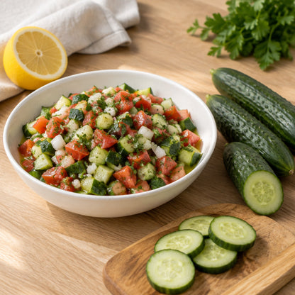 Çoban salatası servis önerisi: taze salatalık, domates ve maydanoz