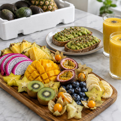 Tropikal meyve tabağı, avokadolu tost ve mango smoothie