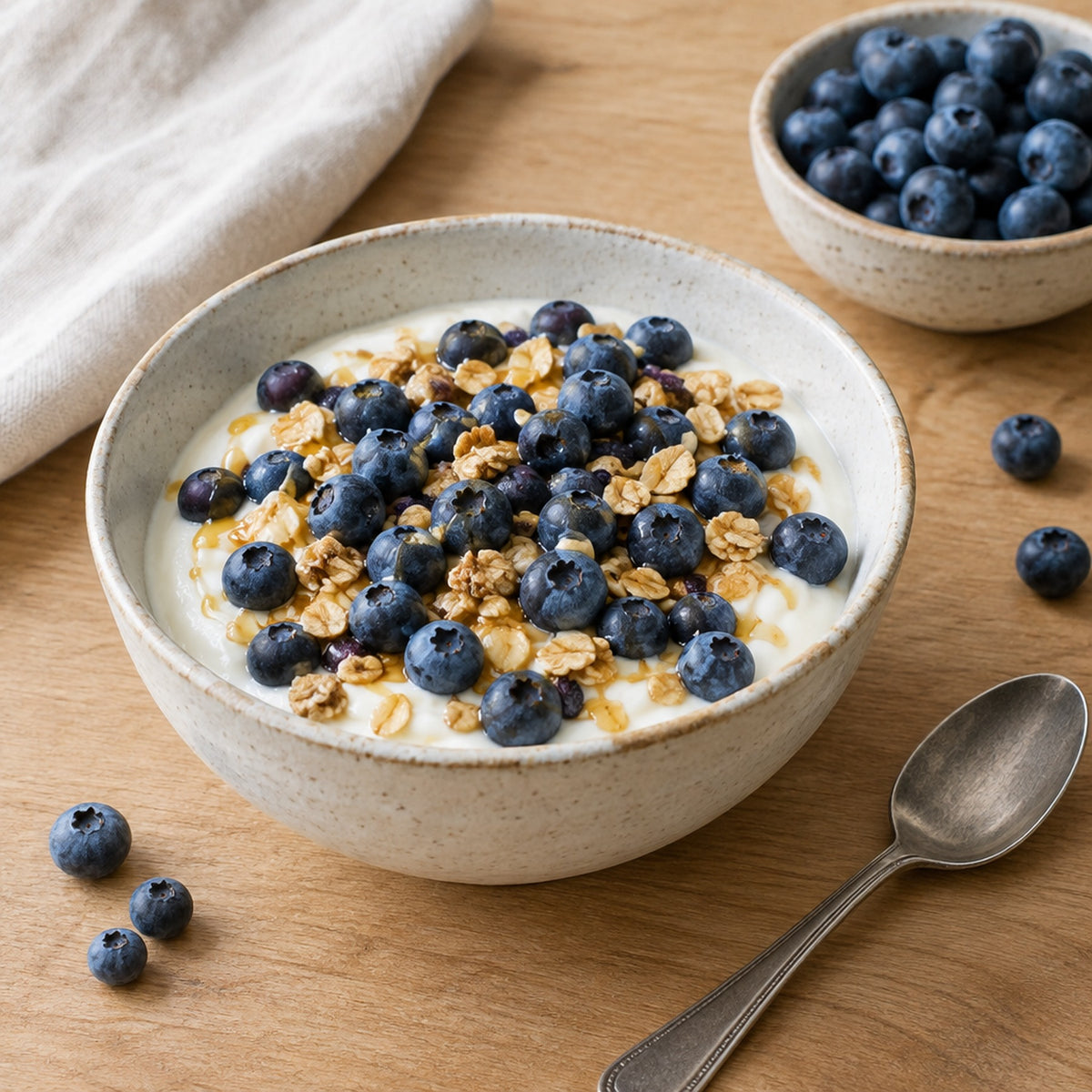 Yaban mersini servis önerisi: yoğurt, granola ve bal ile kahvaltı kasesi
